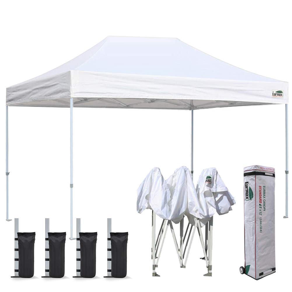Eurmax 8'x12' Ez Pop Up Canopy Tent Commercial Instant Canopies Party Tent with Heavy Duty Roller Bag,Bonus 4 Sand Weights Bags (White)