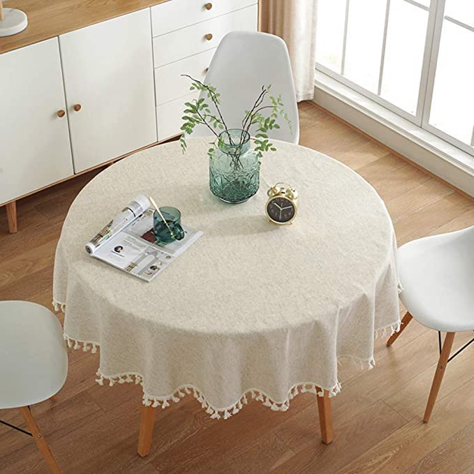 Dremisland Cotton Linen TableCloth Solid Color Tassel Round Beige Tablecloth Dust-Proof Shrink-Proof Table Cover for Kitchen Dinning Tabletop Decoration (Beige, Round-150cm)