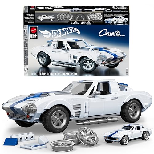 Mattel Brick Shop Hot Wheels Elite Serie Bauset, Corvette Grand Sport mit 918 Teilen, realistischen Details und individuellen Aufklebern, für Sammler