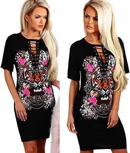 Kaichen New Tiger Pattern Print T-shirt Dress Sexy Dress Punk style nightclub dress (XL)