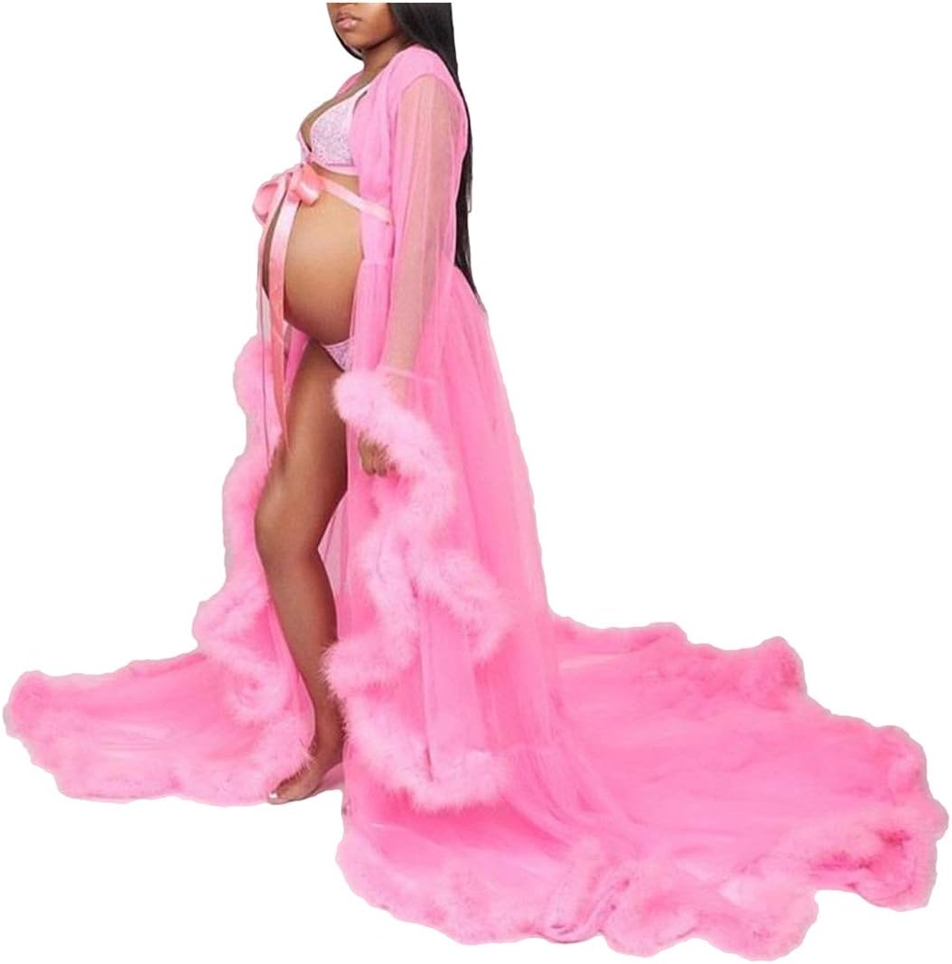 Women Feather Robe Extra Long Fur Trim Sheer Tulle Dressing Gown Sexy Lingerie
