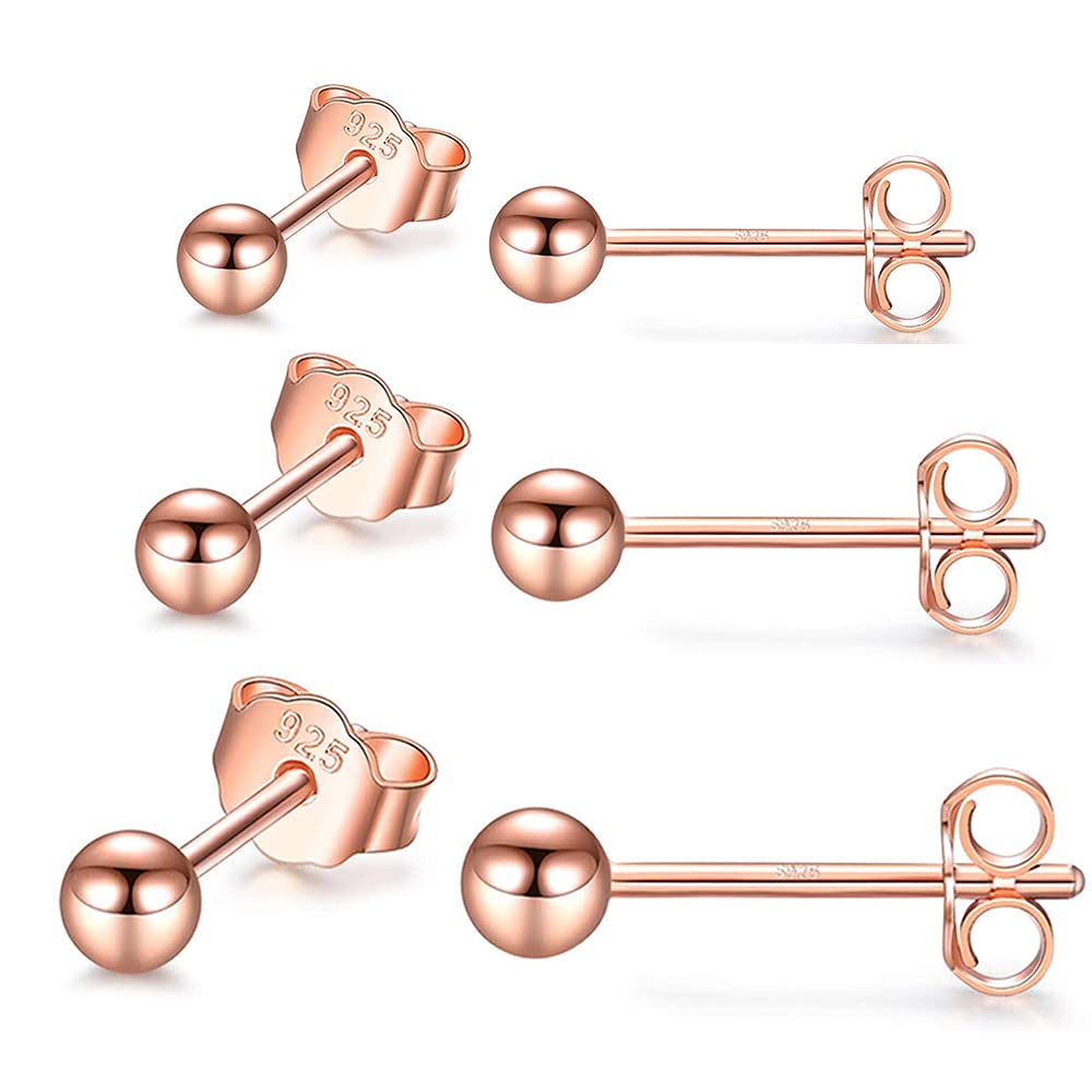 PRETTERY Rose Gold 925 Sterling Silver 3 Pair Round Ball Stud Earrings Set 3mm 4mm 5mm