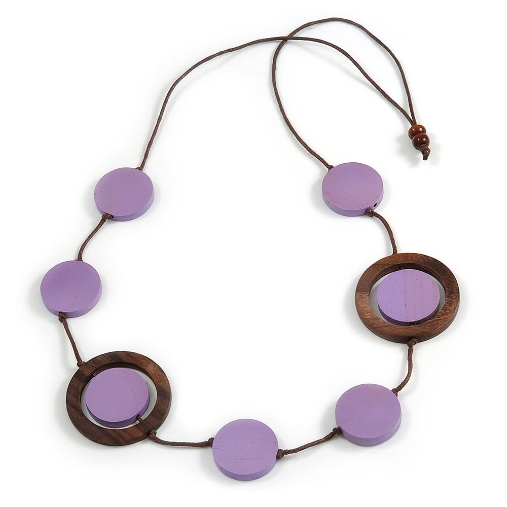 Avalaya Lilac/Brown Coin Wood Bead Cotton Cord Necklace - 88cm Long - Adjustable