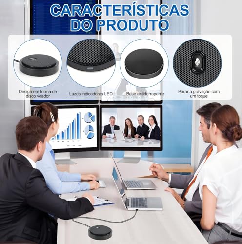 Microfone de Conferência USB para Computador, Alto-Falante com Microfone para Computador, Microfone Condensador Omnidirecional de 360° com Tecla Silenciosa
