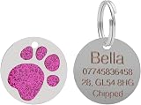 LARRYROO Personalised Engraved Pet ID Tag Round Glitter Paw 25mm Pink view 2