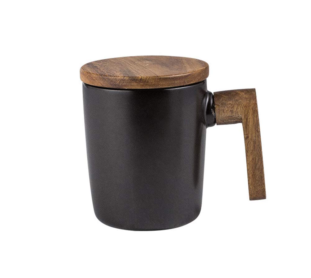 Atfung Coffee Cup Ceramic Mug with Wooden Lid and Handle, 12oz, Black