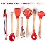 Silicone Cooking Utensils Set for Kitchen: 7 Piece Red Silicone Kitchen Utensil Set - BPA Free Heat Resistant Non Stick Silicone Tools with Wooden Handles - Kitchen Gadgets & Accessories Starter Sets
