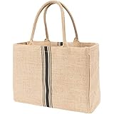 KAF Home Jute Market Tote Handles Reusable Grocery Bag, Triple Stripe