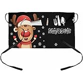 DecorLovee Christmas Elk Waitress Apron with 3 Pockets, Xmas Deer Snowflake Black Server Aprons Kitchen Half Waist Apron