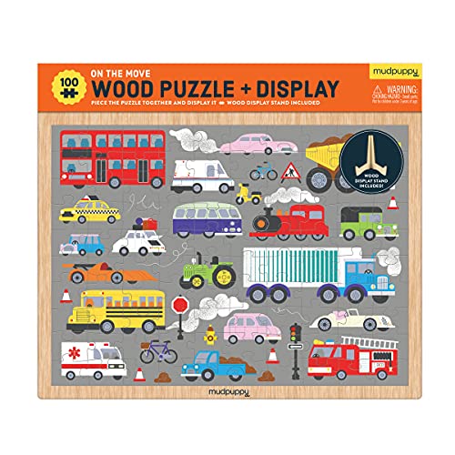 Mudpuppy’s On The Move 100 Piece Wood Puzzle, Includes 100 Wooden Jigsaw Pieces, Colorful Illustrations of Your Favorite Vehicles, Ages 5+, Display Stand Included, Turn Your Puzzle into Home Décor!