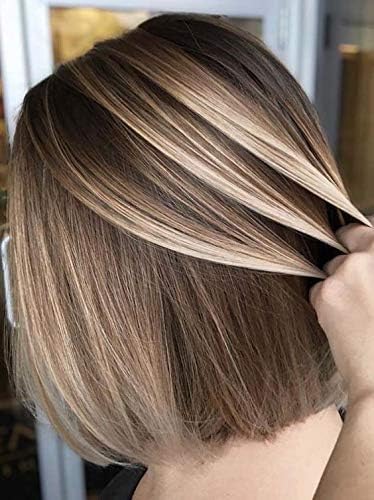 Moresoo 14 Inch Color #4 Dark Brown Highlights With #27 Strawberry Blonde Straight Lace Front Wig Glueless 130% Density Lace Front Wig Human Hair Pre Plucked Bob Wig Real Hair