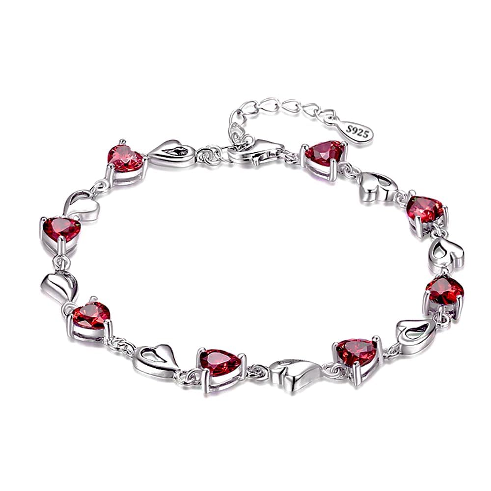 Kaguyo Silver Bracelets for Women - 925 Silver Clear Amethyst Pink and Blue Zirconia Heart Shape Adjustable Infinity Crystal Bracelet for Women Girls- Friendship Birthday Gift (red)