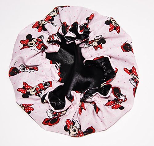 HANDCRAFTED BLACK Reversible Kids and toddlers SATIN BONNETs are lined with DISNEY MINNIE MOUSE Fabric (MADE IN USA) (KIDS MINNIE MOUSE, BLACK)