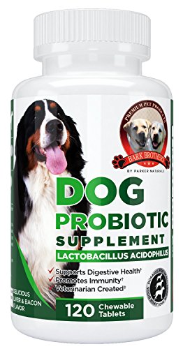 Bark Brothers Probiotic Supplement for Dogs For Improved Digestion & Better Health. Contains Premium Lactobacillus Acidophilus, Glucosamine, Chondroitin, Lipase. 120 Delicious Liver & Bacon Chewables
