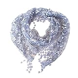 Fanhong Lace Tassel Sheer Burnt-out Floral Print Triangle Mantilla Scarf Shawl Neck Wrap Gray