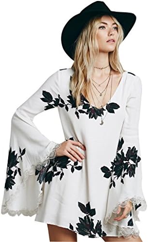 Myloo Women's Chiffon Floral V Neck Long Bell Sleeve Mini Shift Dress White 16 US