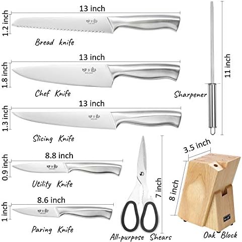 SIXILANG Kitchen Knife Sets, 8 Piece German Stainless Steel Hollow Handle Manual Knife Sharpener 