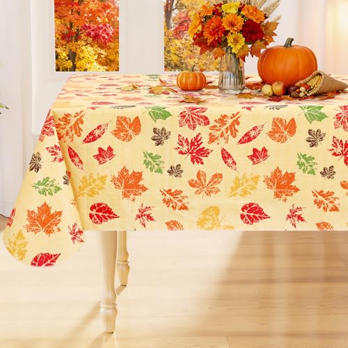 Smiry Fall Rectangle Table Cloth, Waterproof Vinyl Tablecloth with Flannel Backing, Wipeable Autumn Leaves Plastic Tablecloths for Harvest and Thanksgiving Parties (60"x120", Rust & Yellow)
