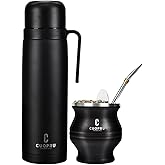Yerba Mate Termo and Cup Set, Include Vacuum Insulated Bottle with Tea Separator, Bombilla Straw and Cleaning Brush, Black