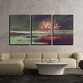 3 Piece Canvas Wall Art - Illustration - Illustration Painting of Night Landscape with Glowing Tree - Modern Home Art Stretched and Framed Ready to Hang - 16"x24"x3 Panels