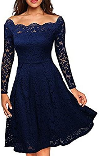 Women's Vintage Floral Lace Long Sleeve Boat Neck Cocktail Formal Swing Dress (M, Blue)