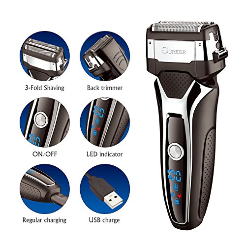 SURKER Men's Electric Foil Shavers Razor Electric Travel Shaver USB Charger Dry/Wet Lithium Battery 3 Blade Honey Comb Grooming Kit Waterproof Rechargeable LCD Display Travel Pouch Best Gift Black