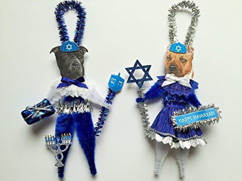 Pit Bull Terrier HANUKKAH Jewish Holiday ORNAMENTS Vintage Style Chenille Ornaments Set of 2