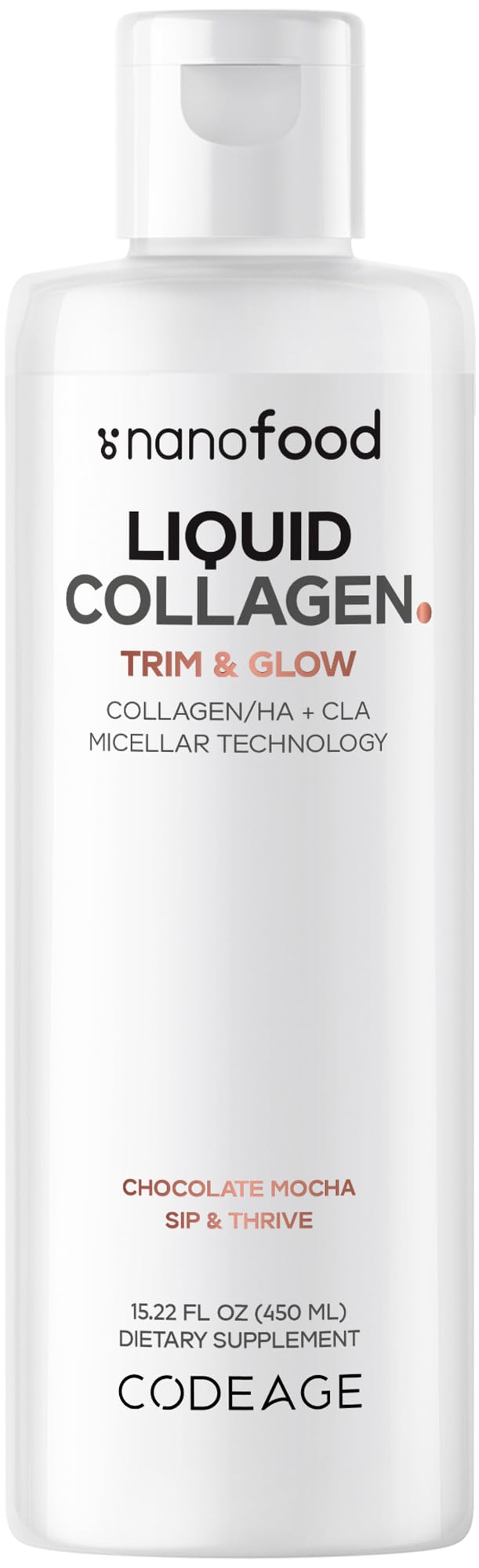 Codeage Liquid Collagen Supplement Chocolate Flavor, Beauty Trim & Glow Liposomal Collagen Peptides, CLA Conjugated Linoleic Acid, Hyaluronic Acid, Vitamin E, Hydrolyzed, Non-GMO, 15.22 fl oz