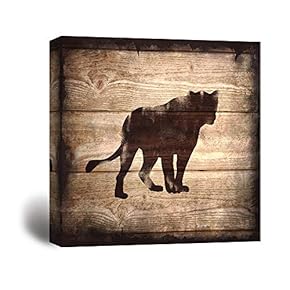 Square Lion Silhouette on Rustic Wood Board Texture Background