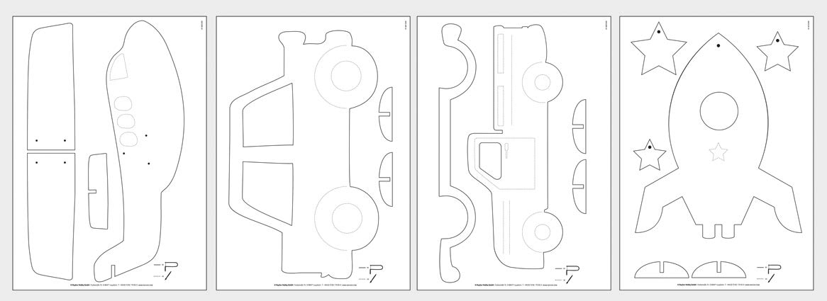 Rayher Patterns for Woodworking, Fret Saw Patterns for Beginners, Set with Four Templates and Four Plywood Sheets, 30x20cm, 62914505