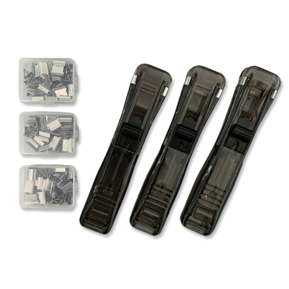 OIF 3 Pack Portable Handheld Paper Clam Clip Dispenser Large Size with 150 Stainless Steel Metal Refill Clips,Fast Paper Clipper for Desk Document Office Home School