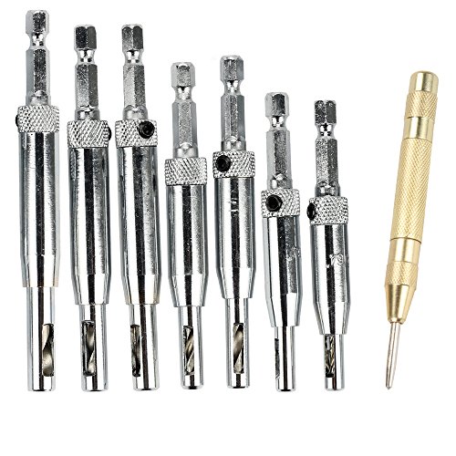 Ginode Door Drill Bit Set with 5inch Automatic Center Punch 7Pcs Door Self-Centering Hinge Drill Bit 5/64", 7/64",9/64",11/64",13/64",1/4" 5mm Hole Puncher Woodworking Tools