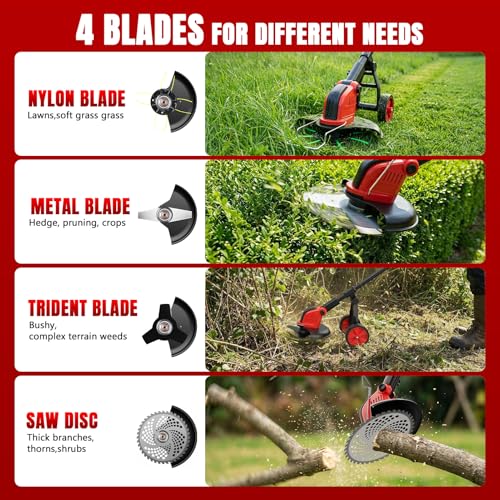 20000 RPM Electric Weed Wacker with Wheel,12″ Brushless Cordless Weed Eater Battery Powered, 4-in-1 Brush Cutter/String Trimmer/Grass Edger/Lawn Mower,Stringless Weed Trimmer 2 Battery (Red)