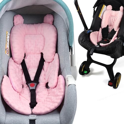 Honeau 3in1 Reversible Carseat Head Body Support Newborn,3D Minnky Infant Car Seat Insert,Extra Soft Breathable Baby Car Seat Pillow Cushion Boys Girls,fit Stroller,Bouncer,Swing(Pink)