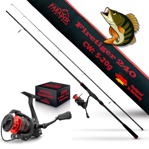 Paradox Fishing Firetiger Spinnrute mit Rolle I 2,4m 5-20g mit 2000 Rolle I Spinnruten perfekt für Barsch Rute