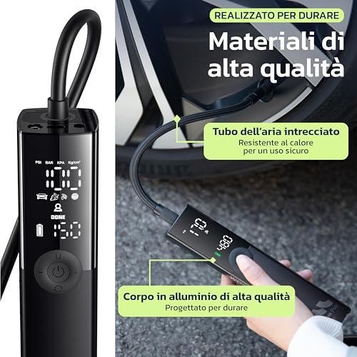 Woowind Compressore Aria Portatile Auto Premium, Gonfia Gomme Auto, 2X Più Veloce, 150PSI, Mini Compressore Portatile, Utilizzo Senza Fili o Con Cavo 12V, per SUV e Pickup, Spegnimento Automatico