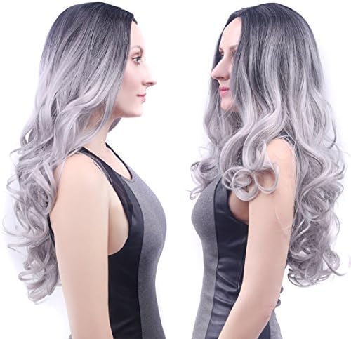 ShirlyYong Wavy Synthetic Wigs Ombre Gray Dark Roots Cosplay Wig with Free Wig Cap