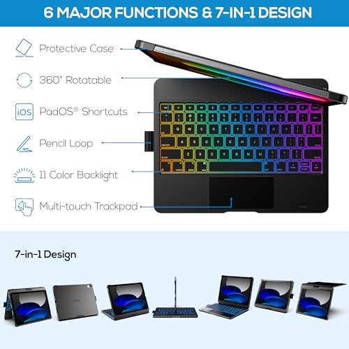 typecase Touch Keyboard Case for iPad A16 (11th Gen, 2025) & 10th Gen(10.9", 2022) - Multi-Touch Trackpad, 360° Rotatable, 11 Color Backlight, Thin & Light, Black