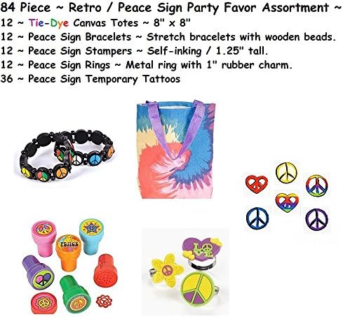 84 Piece ~ Retro / Peace Sign Party Favor Assortment ~ Totes, Bracelets, Rings, Tattoos and Stampers ~ New