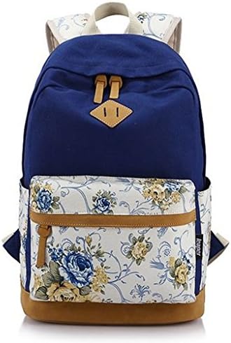 Preppy Korean Style Canvas Flower Floral Casual Backpack Daypacks College Student Satchels Bags Dark Blue