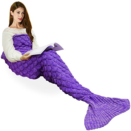 Handmade Knitted Mermaid Tail Blanket，T-tviva All Seasons Warm Bed Blanket Sofa Quilt Living Room Sleeping Bag for Kids and Adults (72.8