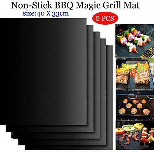 Grill Mat- 100% Non-stick BBQ Grill &amp; Baking Mats - FDA-Approved, PFOA Free, Heavy Duty,Reusable and Easy to Clean - Works on Gas, Charcoal, Electric Grill and More - 15.75"x13" (Pack of 5)