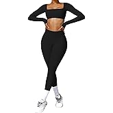 ABOCIW Workout Sets for Women 2 Piece Square Neck Long Sleeve Crop Tops High Waist Flared Leggings Gym Sets