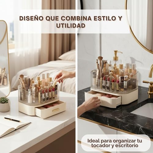 BEMANZ Makeup Organizer with Stackable Drawers and Rotating Module, Transparent with Cream Drawer for Cosmetics, Brushes and Perfumes for Vanity and Desk Makeup Organizer
