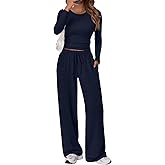 Trendy Queen Women's 2 Piece Matching Lounge Set Long Sleeve Side Ruching Top Wide Leg Drawstring Pants Set with Pockets