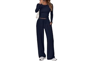 Trendy Queen Women's 2 Piece Matching Lounge Set Long Sleeve Slightly Crop Top Wide Leg Pants Casual Sweatsuit