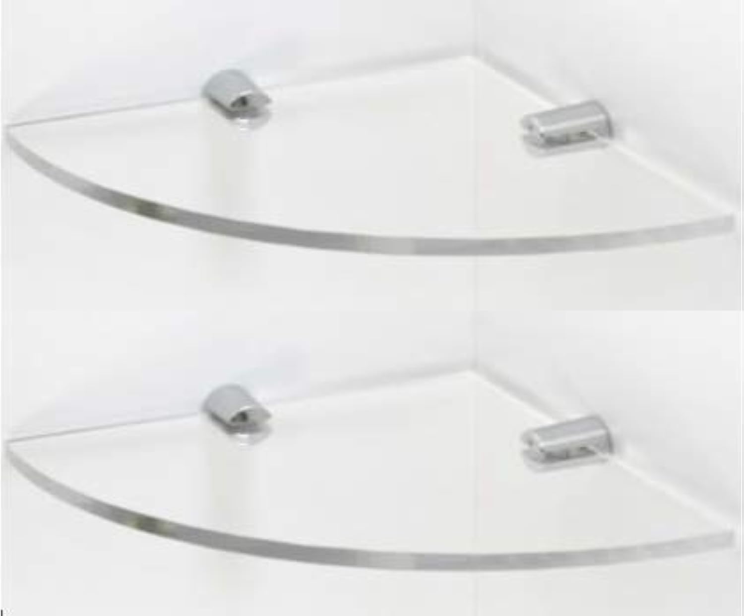 BSM Marketing SET OF 2 Wall Mounted Floating Acrylic Corner Shelves with Chrome Supports available in Clear, Black and White (Clear, 200mm x 2)