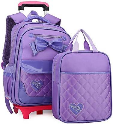 YUB Lovely School Bags Rolling Backpacks for Girls Trolley Luggage with Lunch Bag Removable Purple with Two Wheels