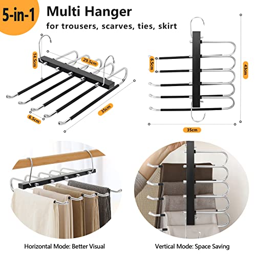 TAOPE Trouser Hangers Space Saving, 2 Pack Stainless Steel Hangers Pants Organizer, Non-Slip Closet Storage Organizer, 5 in 1 Scarf Holder for Skirts Jeans Scarves Belts Towels Ties Leggings - Black
