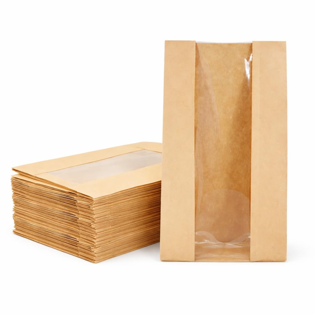 Photo 1 of 100 Sourdough Bread Bags For Homemade Loaf Kraft Brown Paper Bread Bags with Window and Square Bottom Large Bakery Bag - Reusable and Disposable Square Bottom for Easy Storage of Sandwiches and Bagels